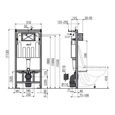 Комплект инсталляции 5 в 1 Alcaplast Rimflow с белой кнопкой M670