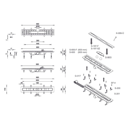 Трап для душа STYRON с черной решеткой "Chain", 600 мм