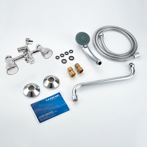 Смеситель двухвентильный для ванны Ledeme L2309 с длинным изливом, хром