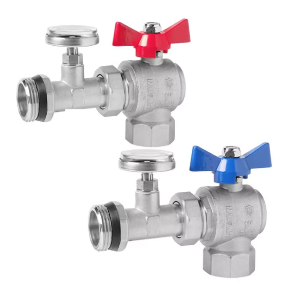 Кран шаровой угловой 1" с американкой и термометром (пара) VIEIR