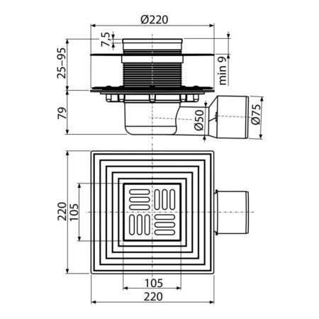 Трап душевой Alcaplast APV3344 105 х 105, DN50/75 мм со стальной решеткой, боковой