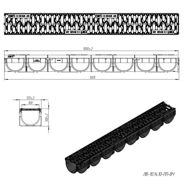 Комплект S'park3 DN100 кл. A15 лоток с чугунной решеткой 1000 х 130 х 100 мм Standartpark Комплект S'park3 DN100 кл. A15 лоток с чугунной решеткой 1000 х 130 х 100 мм Standartpark