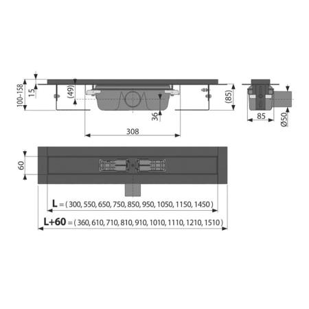 Трап для душа с порогами  Alcaplast APZ1BLACK-650, без решетки