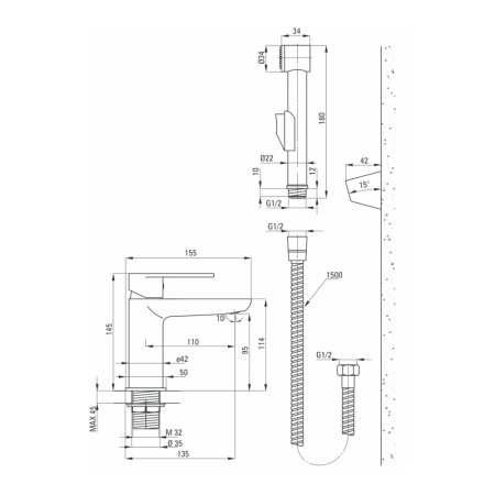 Смеситель для умывальника с гигиеническим душем Deante ALPINIA BGA_027M