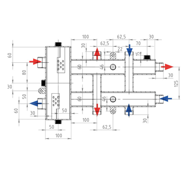 Гидравлический разделитель совмещенный с коллектором, 3 вых. квадратный (наржавеющая сталь) VIEIR