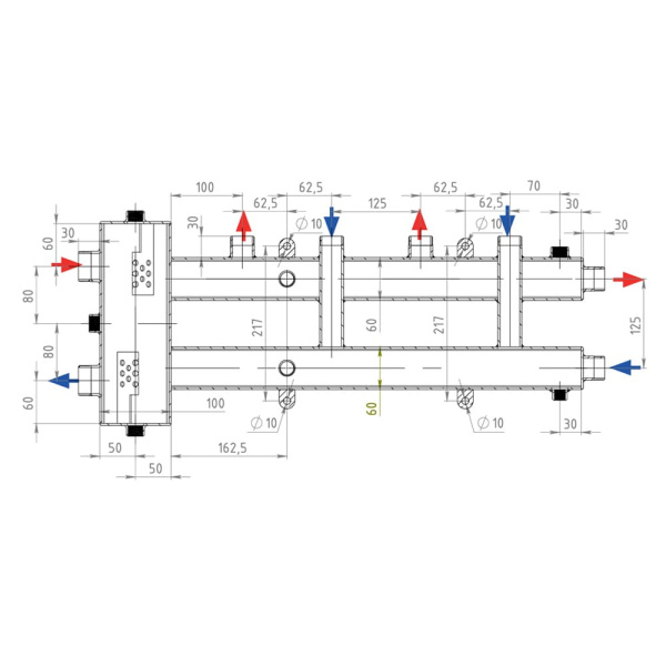 Гидравлический разделитель совмещенный с коллектором 2+1 вых. квадратный (наржавеющая сталь) VIEIR