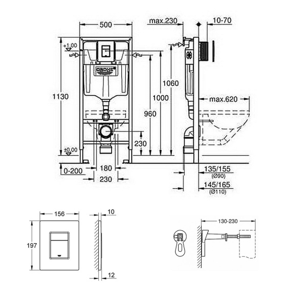 Инсталляция для навесного унитаза GROHE Solido с чёрной матовой панелью смыва Even