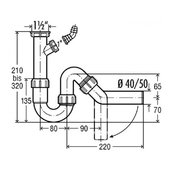 Сифон для мойки 1"1/2 без выпуска с отводом для слива и трубкой 45° х 50 мм Viega