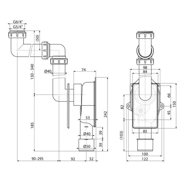 Сифон под штукатурку экономящий пространство Alcaplast A873 с накидной гайкой 6/4"