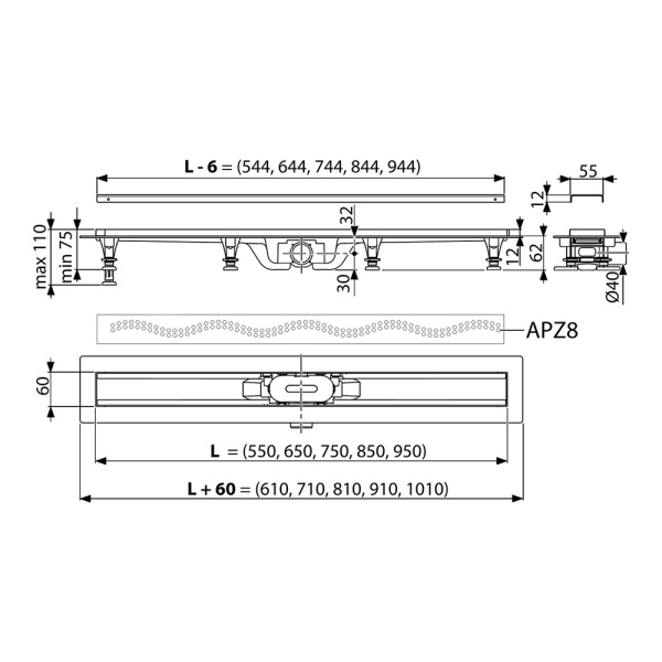 Трап для душа с решеткой 950 х 75 мм Alcaplast APZ8-950M Трап для душа с решеткой 950 х 75 мм Alcaplast APZ8-950M