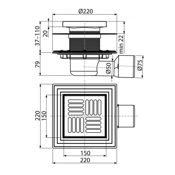 Трап душевой Alcaplast APV3444 150 х 150/50/75 мм со стальной решеткой, боковой