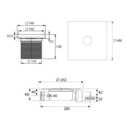 Трап под плитку TECE KDP-L50 с сифоном DN 50  боковой 150x150 арт. 3600000