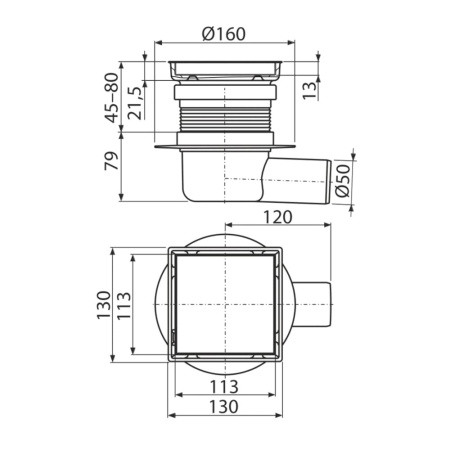 Трап из нержавеющей стали Alcaplast APV140 130 х 130 мм с двусторонней решеткой (боковой сток)