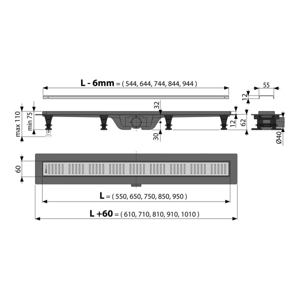 Трап для душа с решеткой 750 х 75 мм Alcaplast APZ10-750M