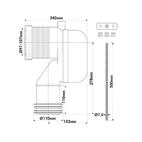 Колено для унитаза 90° х 110 мм, L 278 мм, с манжетой McALPINE WC-CON8EXT-BTW