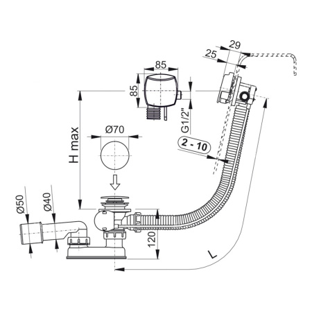 Сифон для ванны автомат с напуском воды через перелив Alcaplast A564CRM1, 57 cм