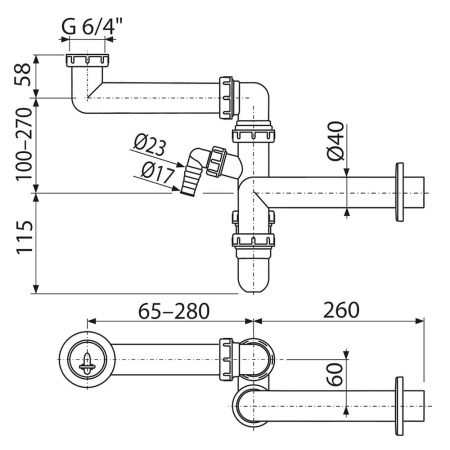 Сифон для мойки экономящий пространство Alcaplast A872P со штуцером и с накидной гайкой 6/4"