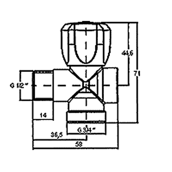 Кран трехпроходной вентельный 1/2" x 1/2" x 3/4" Fornara Кран трехпроходной вентельный 1/2" x 1/2" x 3/4" Fornara