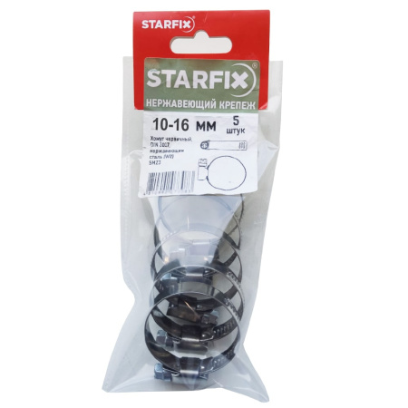 Хомут червячный 10 х 16 мм нержавеющая сталь (W2) STARFIX (комплект 5 шт)