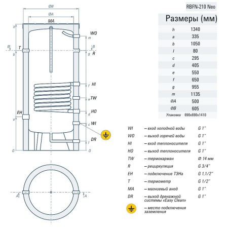 Бойлер косвенного нагрева RISPA RBFN NEO 210 напольный из нержавеющей стали