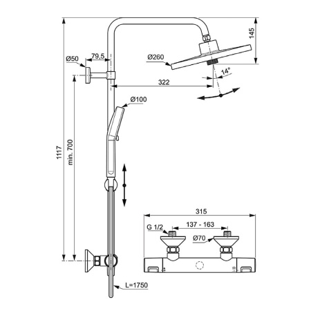 Душевая система Ideal Standard Ceratherm T25+ хром, с термостатом