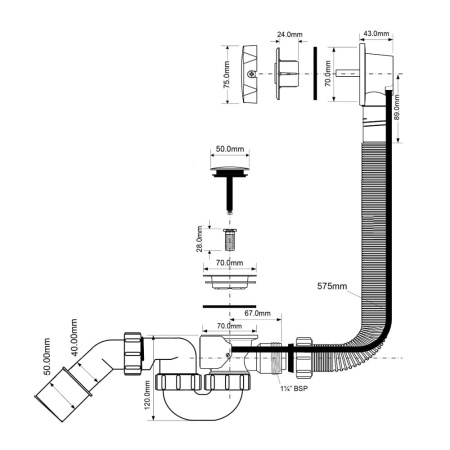 Сифон для ванны автомат McALPINE MRB2SC-PB хром сатиновый (L575 мм)