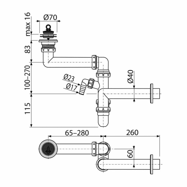 Сифон для мойки экономящий пространство DN40 со штуцером Alcaplast A870P-DN40