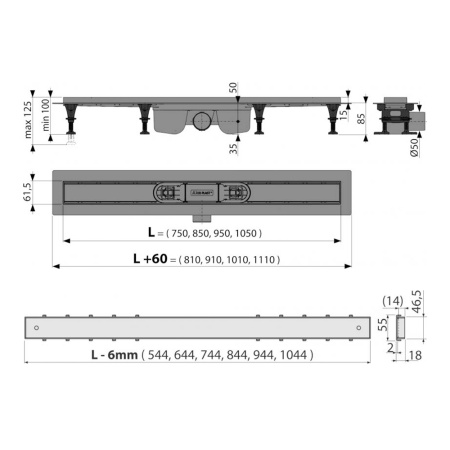 Трап для душа с решеткой TILE под плитку 750 х 85 мм Alcaplast APZ12