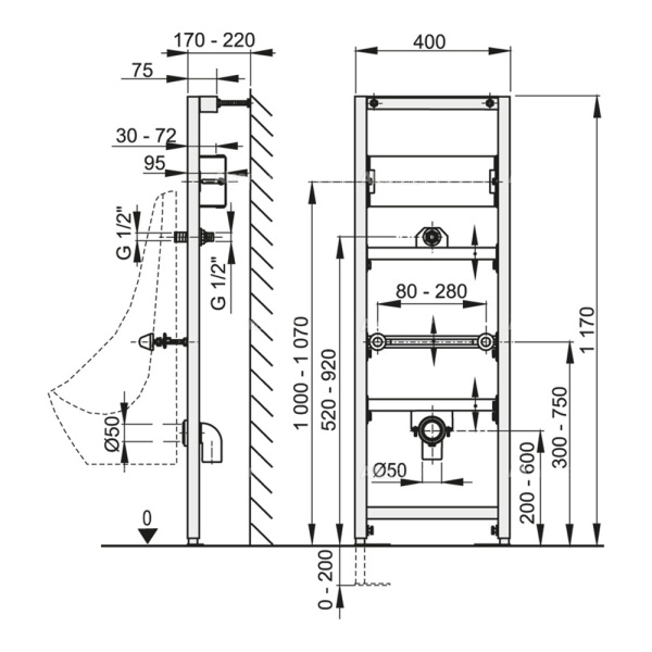 Инсталляция для подвесного писсуара и сенсора AlcaPlast A107S/1200