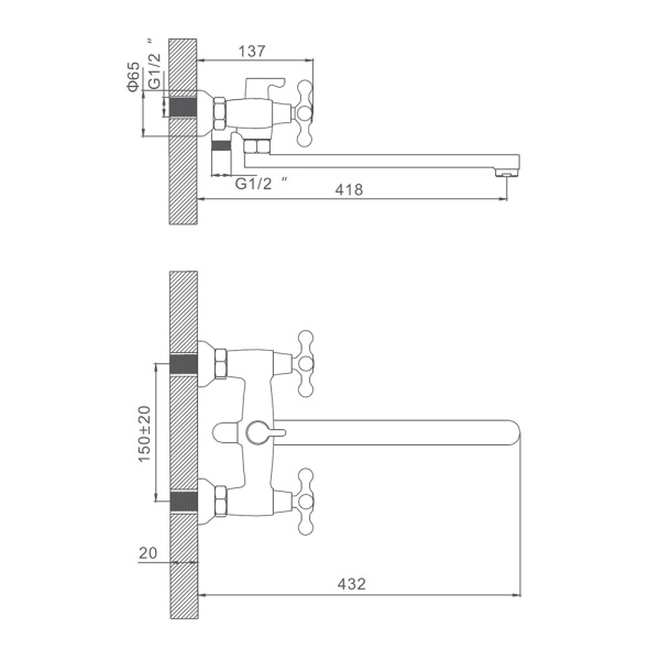Смеситель для ванны двухвентильный Gerhans K13212 с длинным изливом