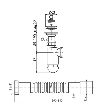 Сифон для умывальника с гибким соединением DN 40/50 Alcaplast A41+A770 с нержавеющей решеткой DN63
