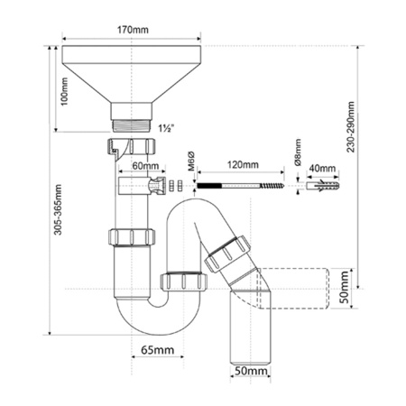 Сифон для разрыва потока 1 1/2" - 40/50 мм Р/S-образный с универсальной трубкой McALPINE