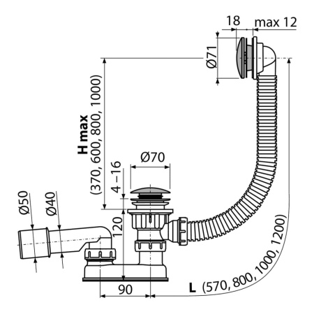 Сифон для ванны CLICK/CLACK Alcaplast A504CKM, 57 см