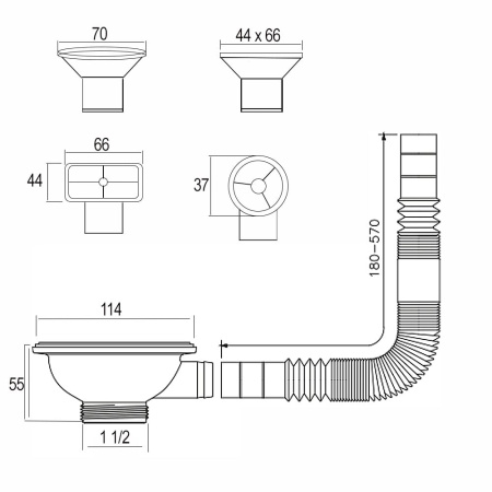 Комплект переливов с выпуском 1 1/2" (универсальный) Prevex Комплект переливов с выпуском 1 1/2" (универсальный) Prevex