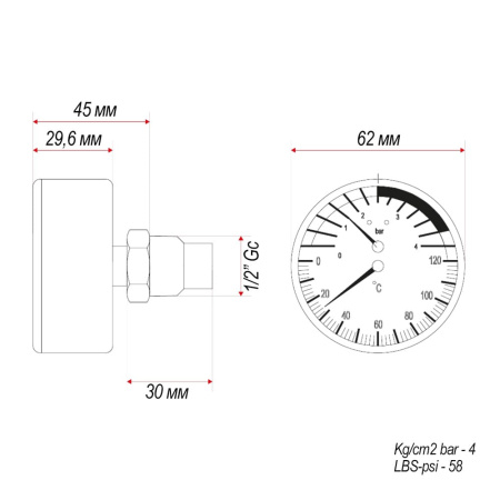 Термоманометр ITAP 485 с осевым подключением 1/2", 4 бар (485B012)