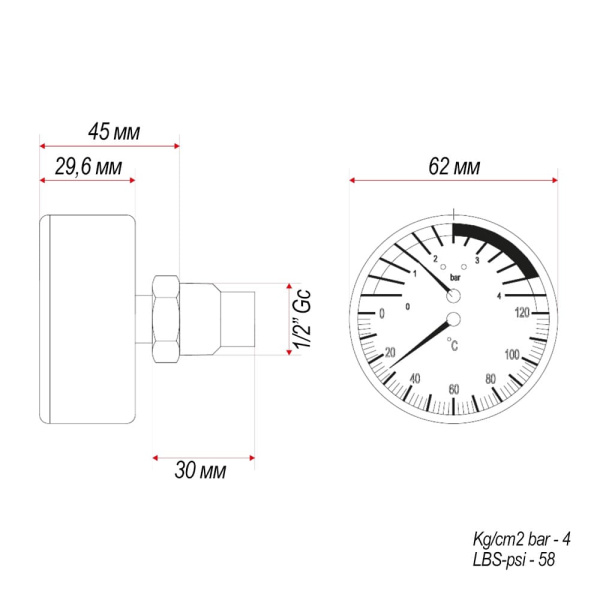 Термоманометр ITAP 485 с осевым подключением 1/2", 4 бар (485B012)