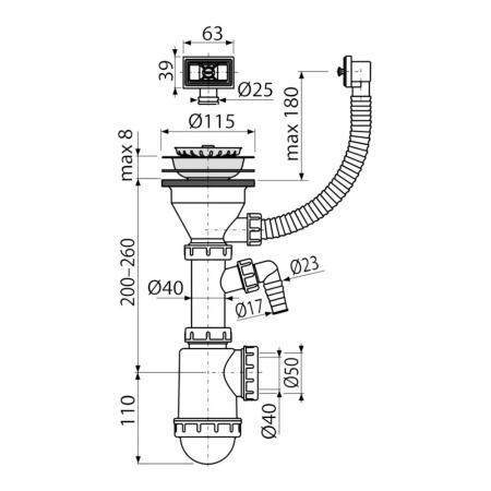 Сифон для мойки Alcaplast A447P-DN50/40 с нержавеющей решеткой DN115, с гофропереливом и штуцером