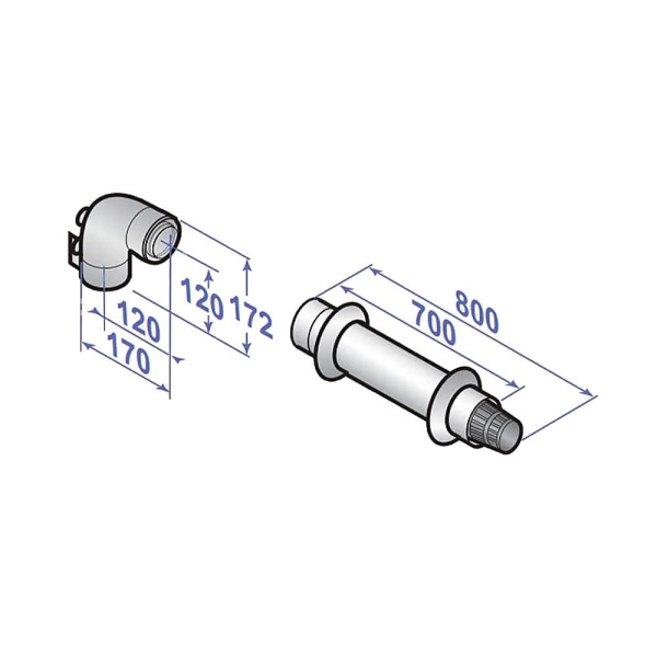 Дымоход для котла KIT 08, 60/100 мм L= 800 мм, горизонтальный коаксиальный (Россия)