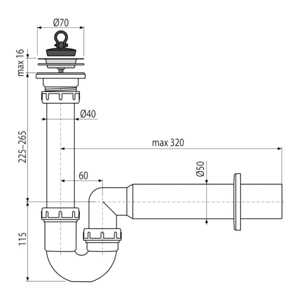 Сифон для мойки Alcaplast A800-DN50 трубчатый с нержавеющей решеткой DN70