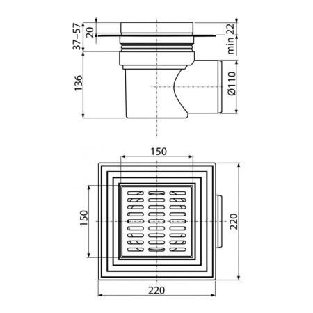 Трап душевой Alcaplast APV12 150 х 150/110 мм со стальной решеткой, боковой