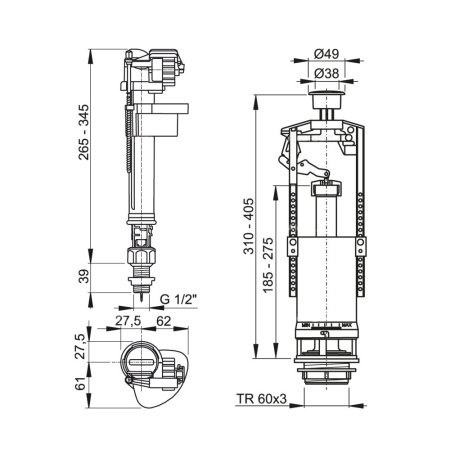 Выпускной комплект нижний Alcaplast SA2000S 1/2" CHROM со стоп кнопкой для керамических бачков