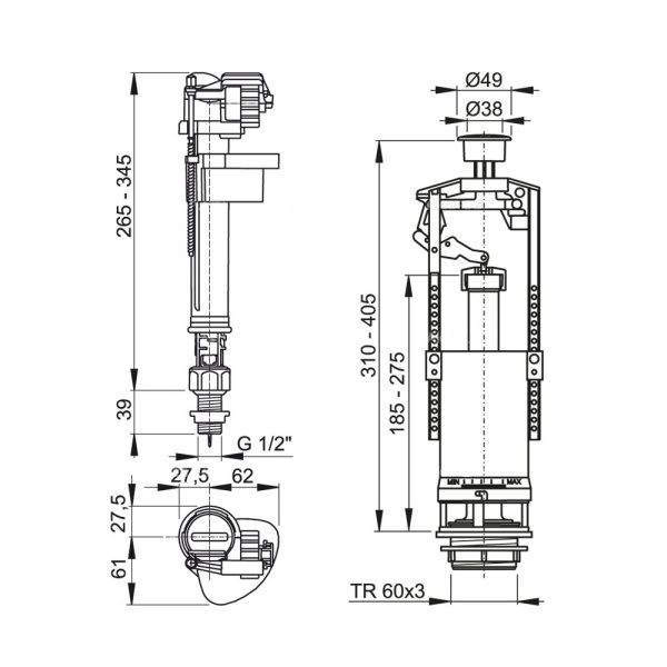 Выпускной комплект нижний Alcaplast SA2000S 1/2" CHROM со стоп кнопкой для керамических бачков