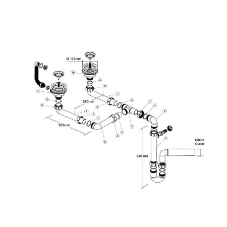 Сифон для двойной мойки 1 1/2" х 50 мм с удлинителями и круглым переливом SPACE SAVING