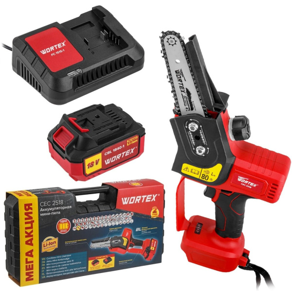 Мини-пила аккумуляторная цепная WORTEX CEC 2518 ALL1 XLT SET (бесщет., 18 В, 15 см, 1х4 А*ч)