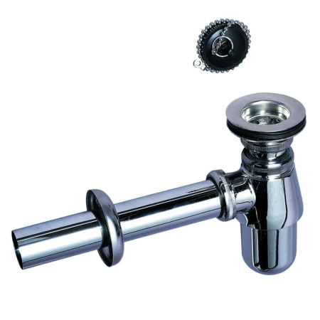 Сифон для раковины латунный 1 1/4" х 32 мм с выпуском, пробкой, пристенной трубкой и розетокй, хром, WIRQUIN SL213