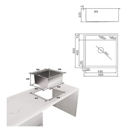 Мойка кухонная WISENT WGS-35050B Графит (500 х 500 х 220 мм)