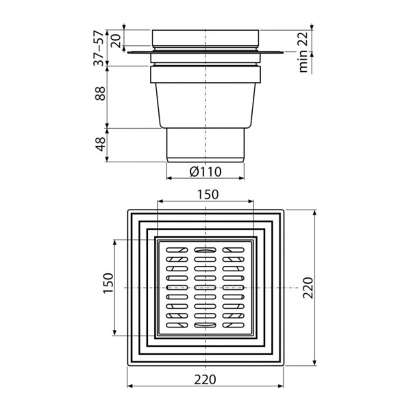 Трап душевой Alcaplast APV13 150 х 150/110 мм со стальной решеткой, прямой Трап душевой Alcaplast APV13 150 х 150/110 мм со стальной решеткой, прямой