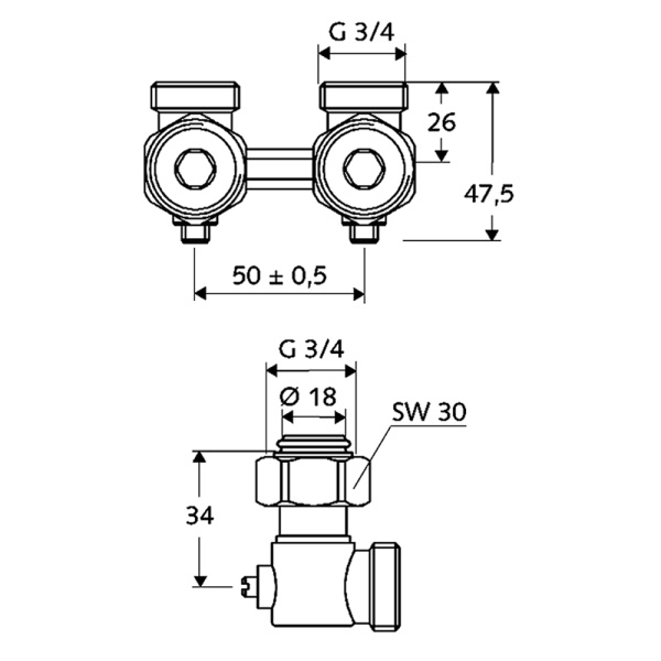 Клапан двухтрубный угловой 3/4" Schell 14 198 04 99