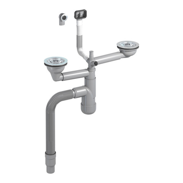 Двойной сифон Flexloc для кухни с круглым выпуском и прямоугольным переливом 3.5" Prevex