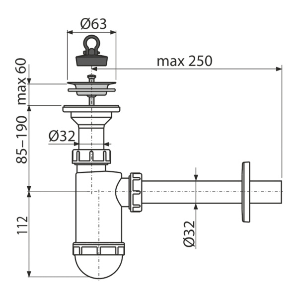 Сифон для умывальника DN 32 Alcaplast A410 с нержавеющей решеткой DN63